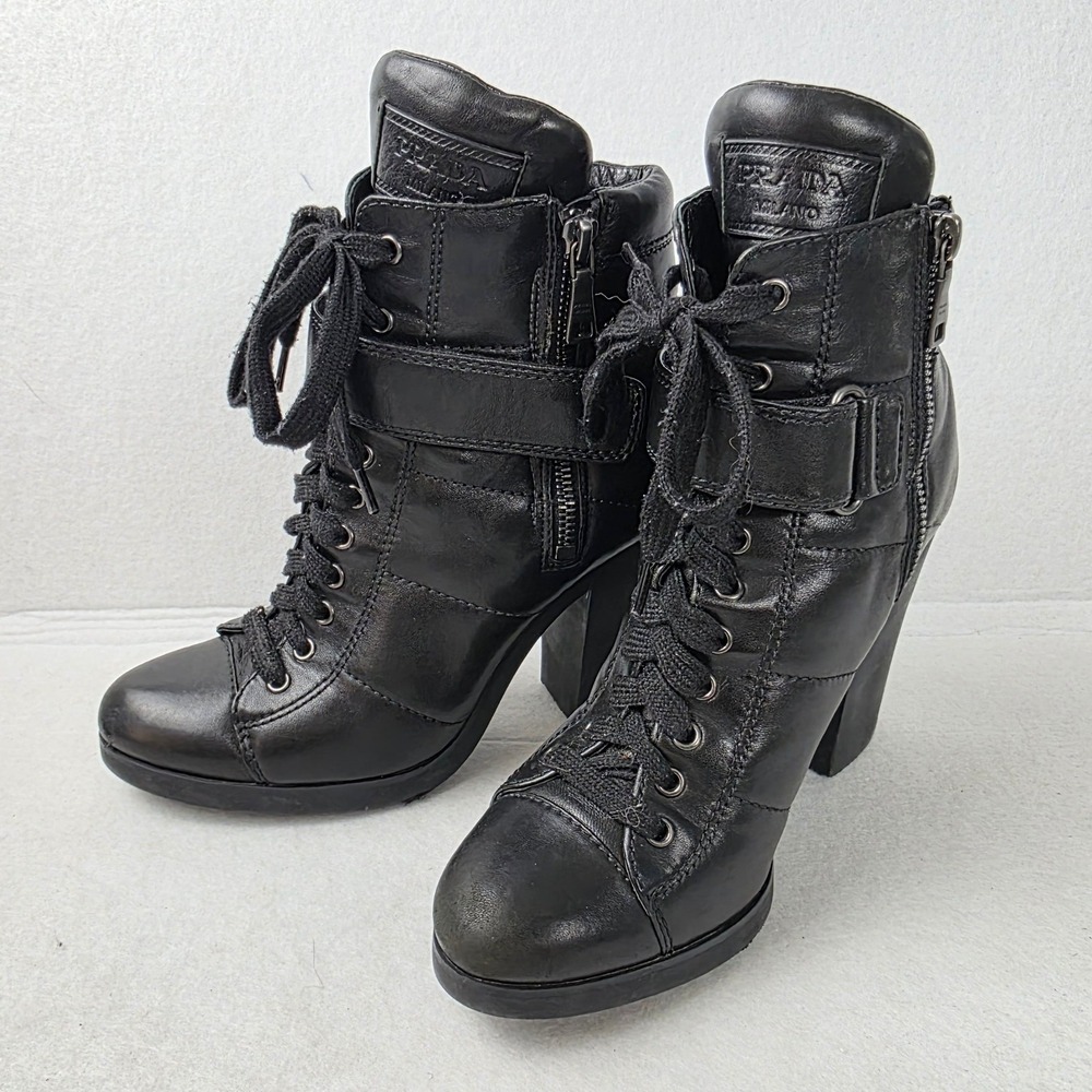 Prada Ankle Boot Womens 38.5 Black Leather Lace Side Zip 3TP019 Block Heel Goth